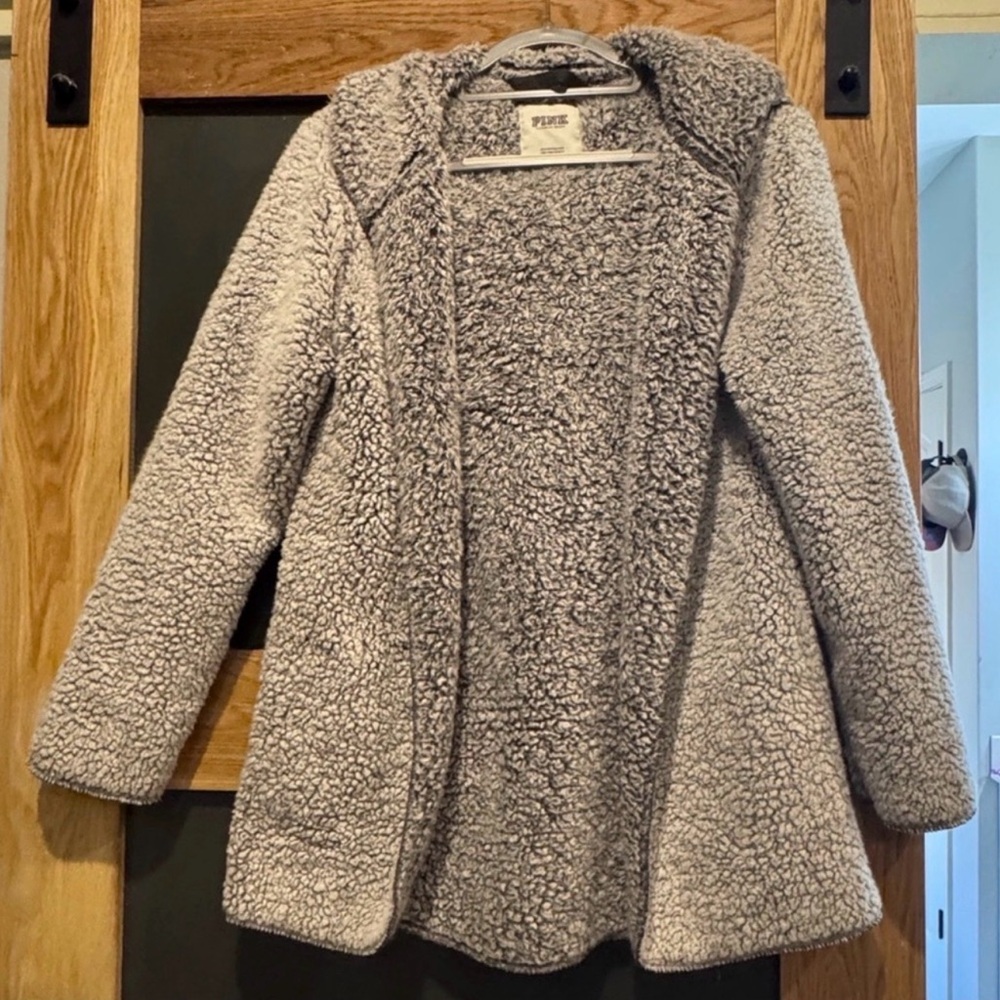 Victoria’s Secret PINK Gray Sherpa Coat XS Cozy Hooded Jacket